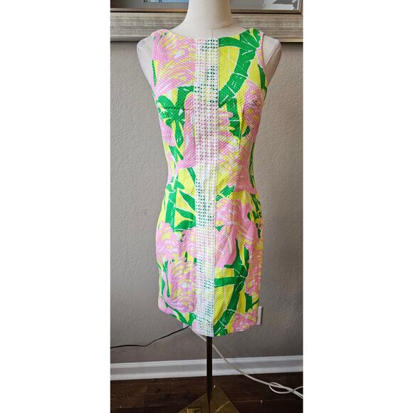 Lilly Pulitzer Embroidered Flamingo Fan Party Mini Dress Women Size 2 Pink Green - Picture 2 of 7